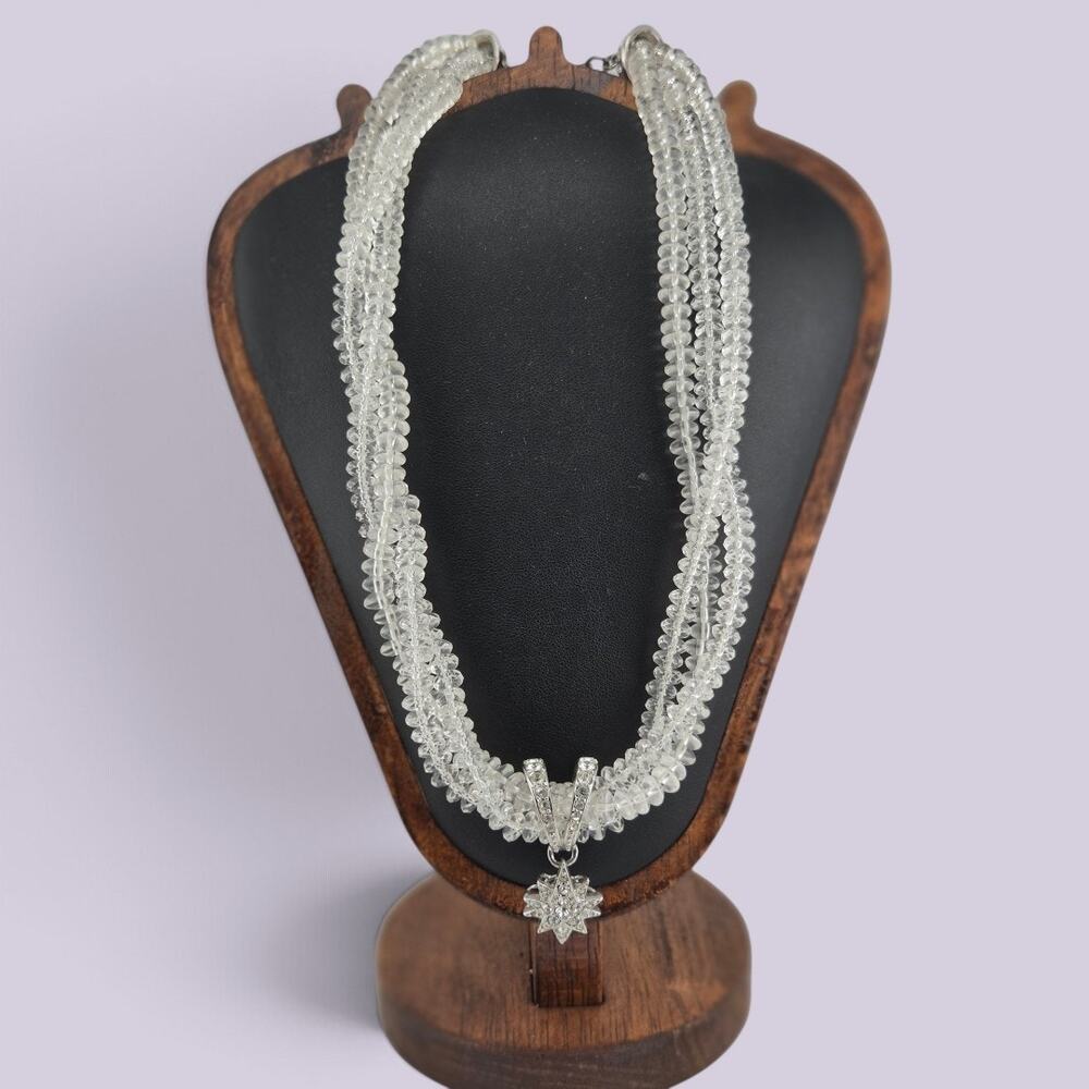 Vintage Multi Strand Clear Glass Bead Rhinestone Sunburst Pendant Necklace